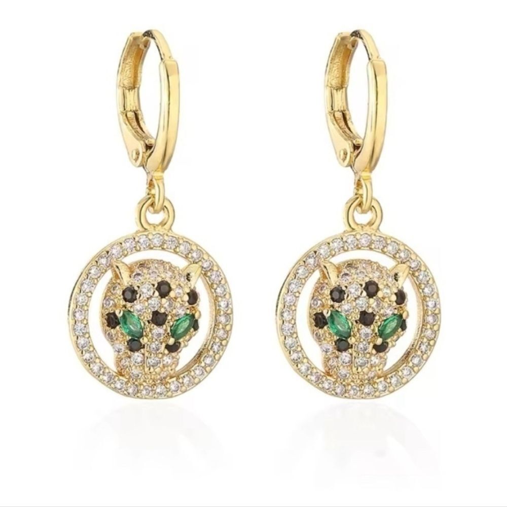 18K Gold Pavé Diamond Panther Designer Inspired Huggie Hoop Dangle Drop Earrings